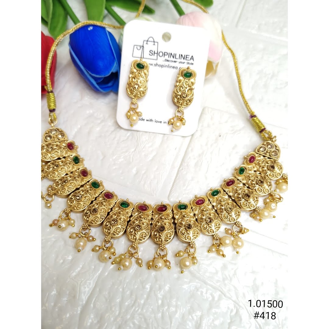 Elegant Gold Jewelry Set: Necklace and Earrings with Red & Green Accents