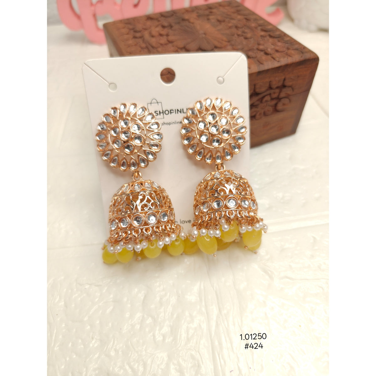 Handcrafted Yellow Moti Jumka Earrings – Perfect for Festive Wear