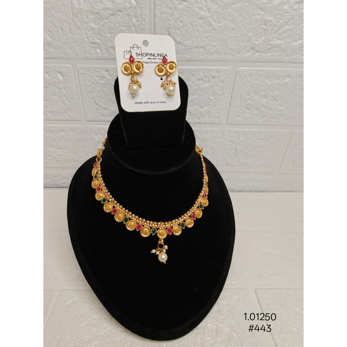 Colorful Gold Necklace with Pink and Green Stones – Festive Collection