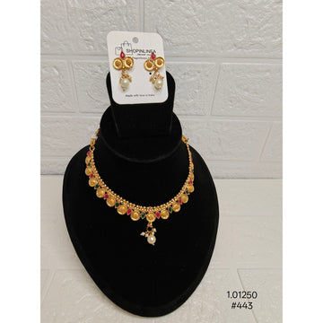 Colorful Gold Necklace with Pink and Green Stones – Festive Collection