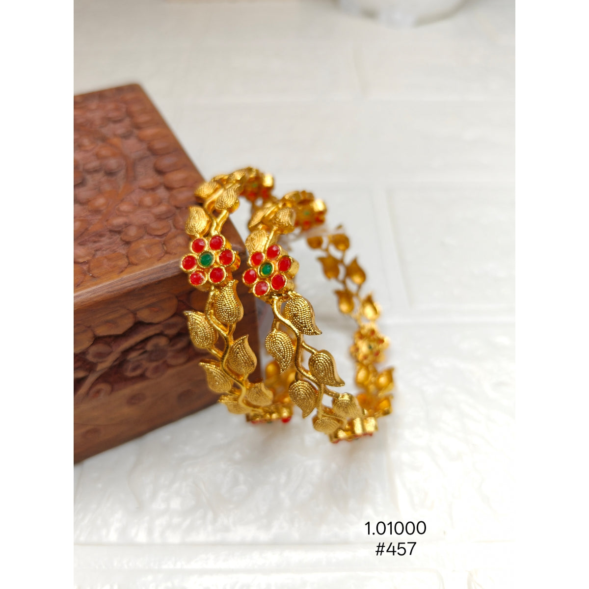 Festive Gold Plated Bangles with Red & Green Stone Detailing