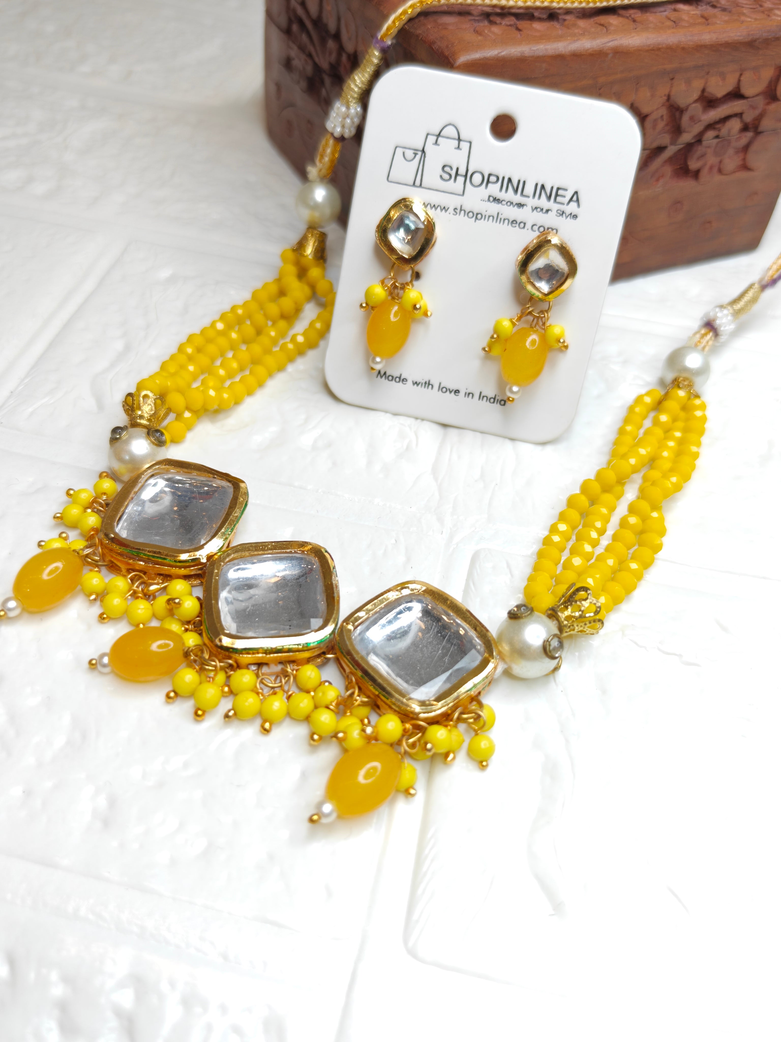 Statement Yellow Beaded Necklace Set with Kundan
