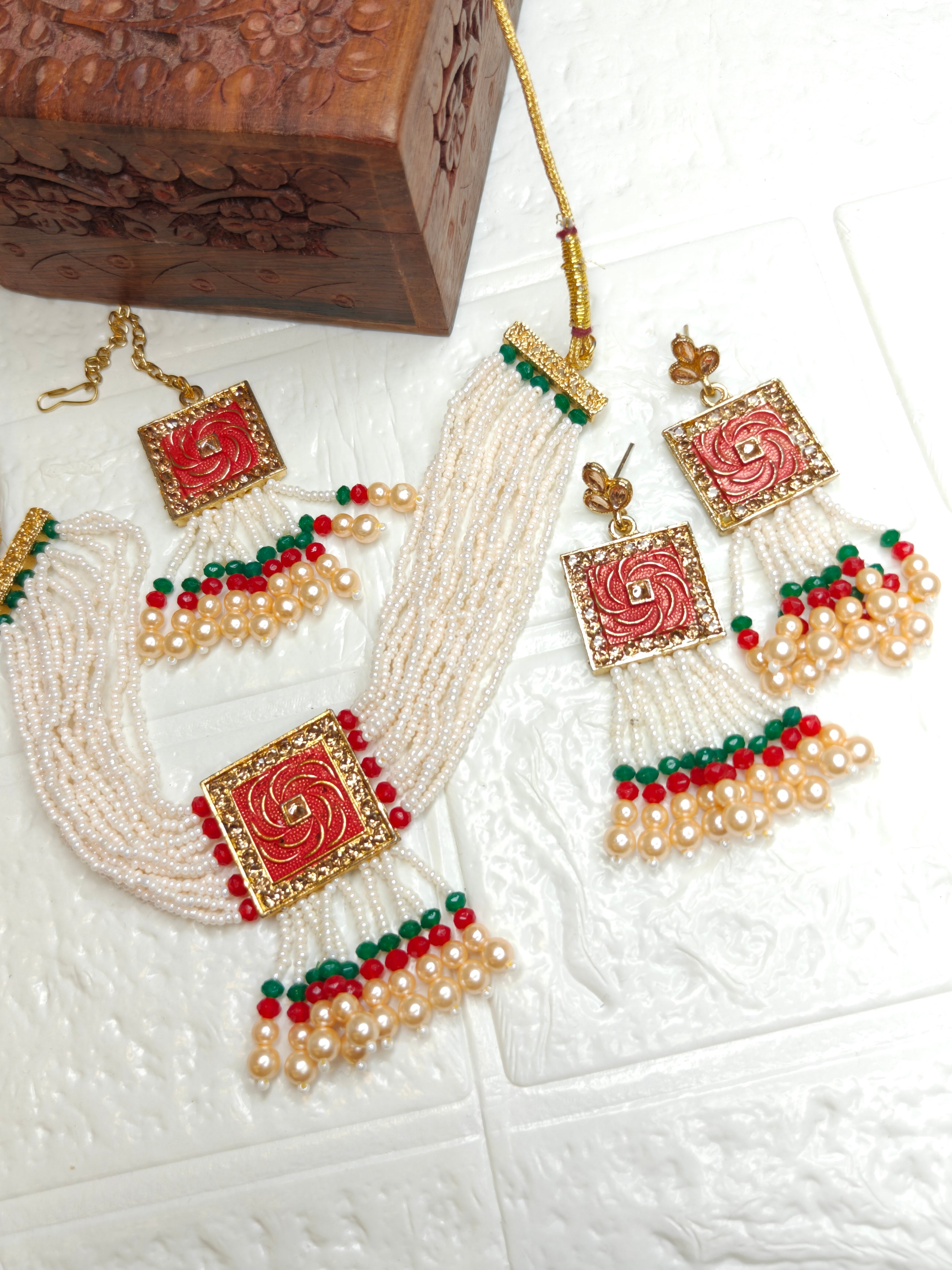 Royal Gold-Plated Choker Necklace Set with Red Green Meenakari & Pearls