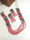 Multi-Layered Silver-Tone Elephant Necklace Set with Red & White Beads