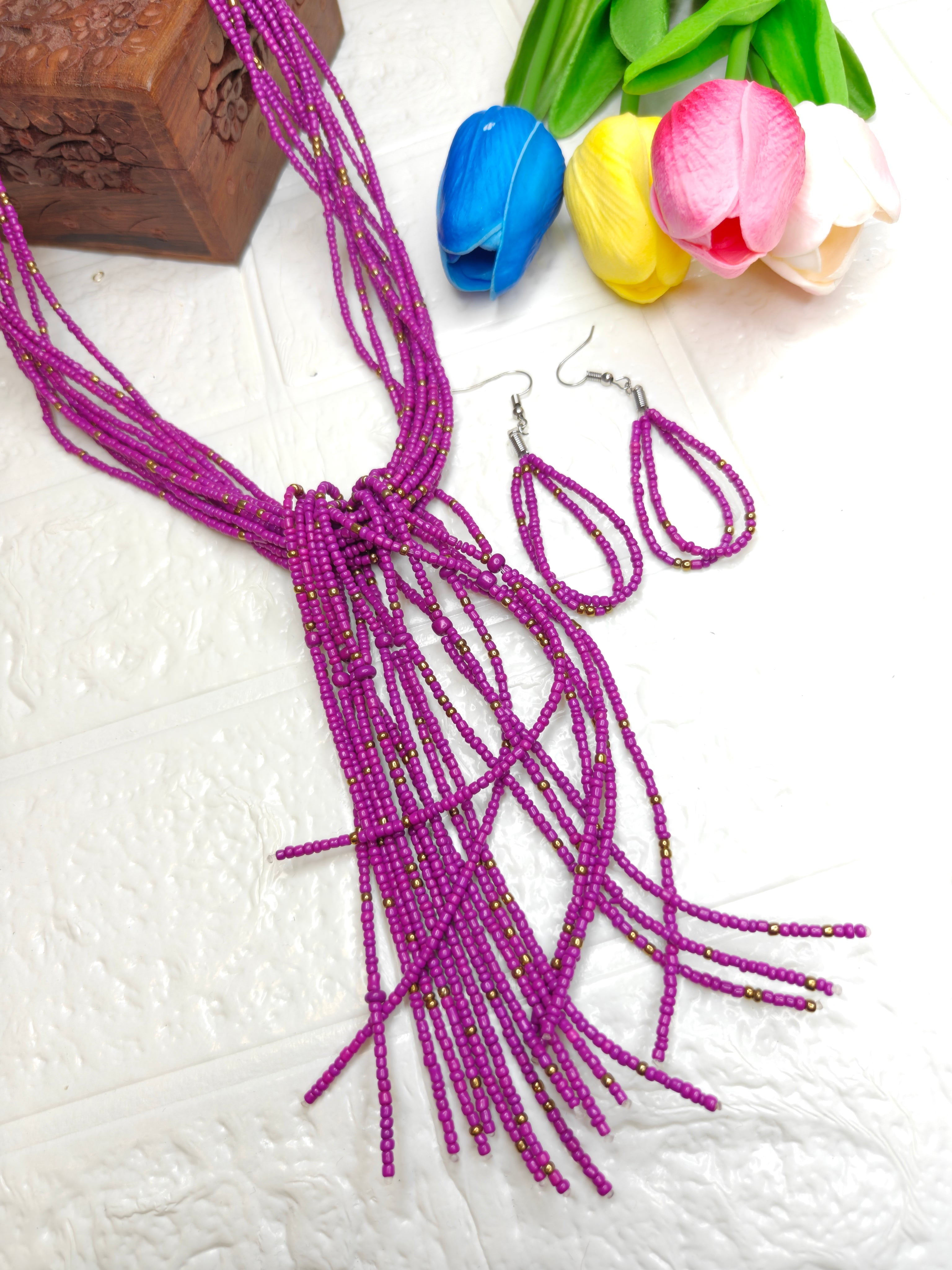 Elegant Purple Multi-Strand Seed Bead Necklace & Earrings Set