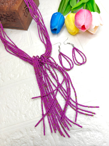 Elegant Purple Multi-Strand Seed Bead Necklace & Earrings Set