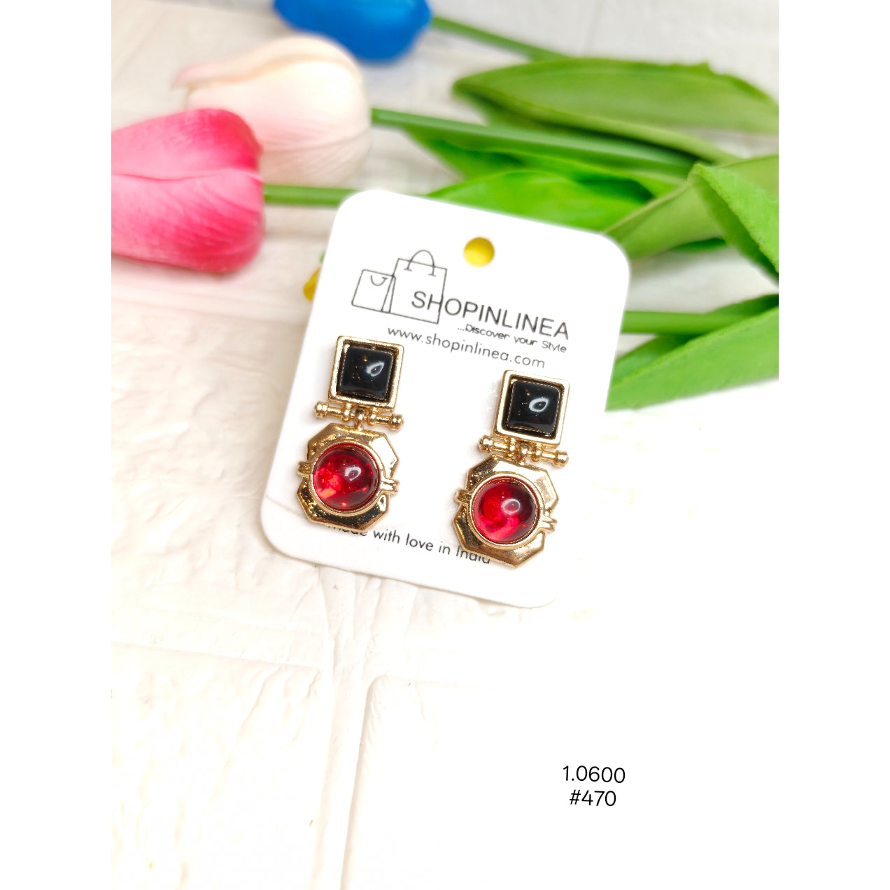 Gold-Plated Geometric Earrings with Red & Black Stones
