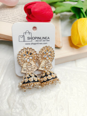 Ethnic Gold-Plated Jhumkas | Black Dome Traditional Drop Earrings