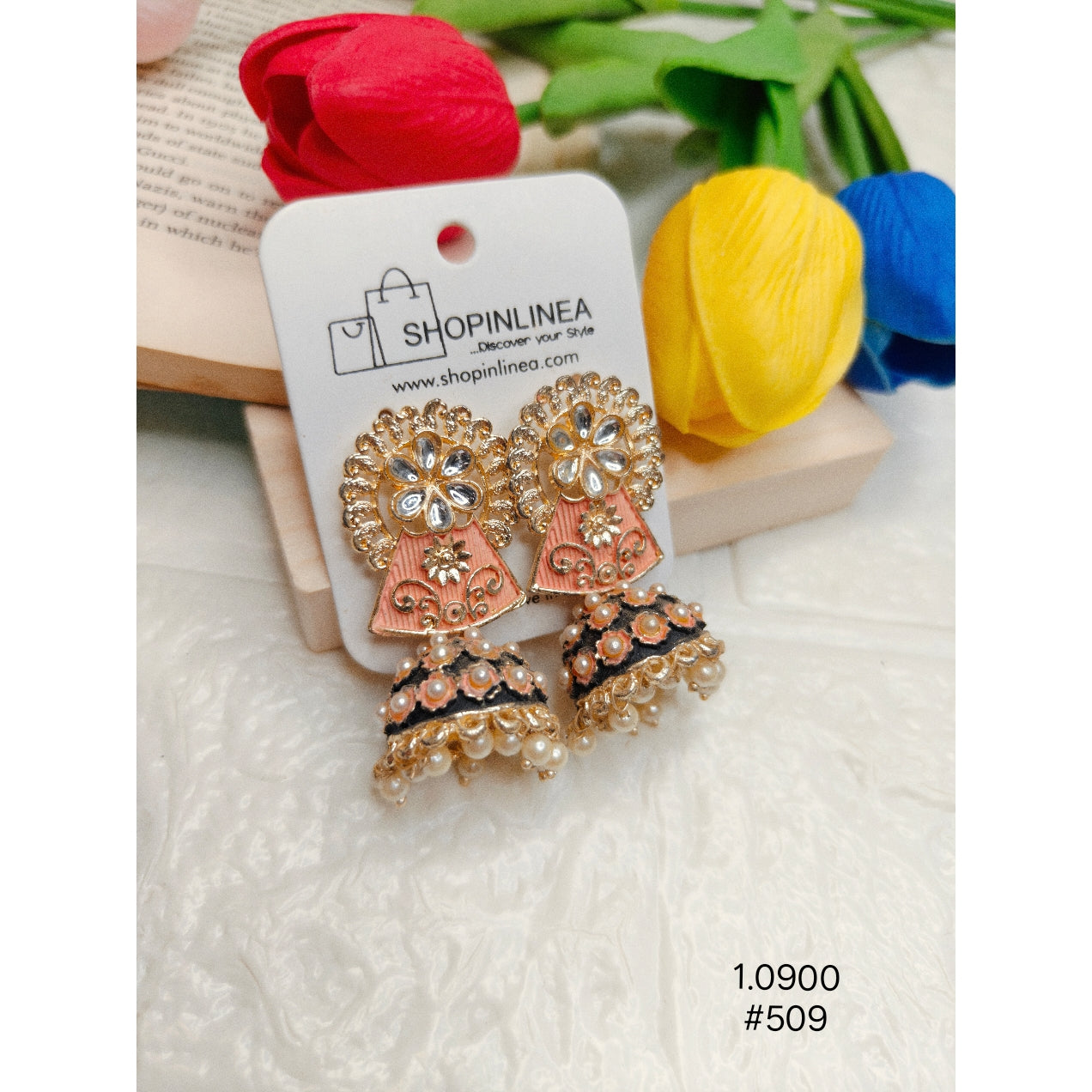 Pink Black Enamel Meenakari Jhumkas