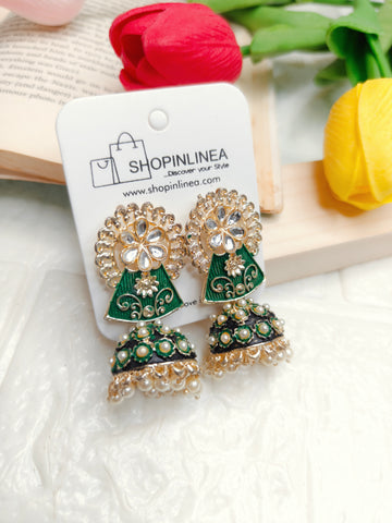 Classic Green Gold Kundan Jhumkas
