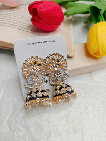 gold-plated fan-shaped tops, black enamel (Meenakari) work, and dangling pearl drops.