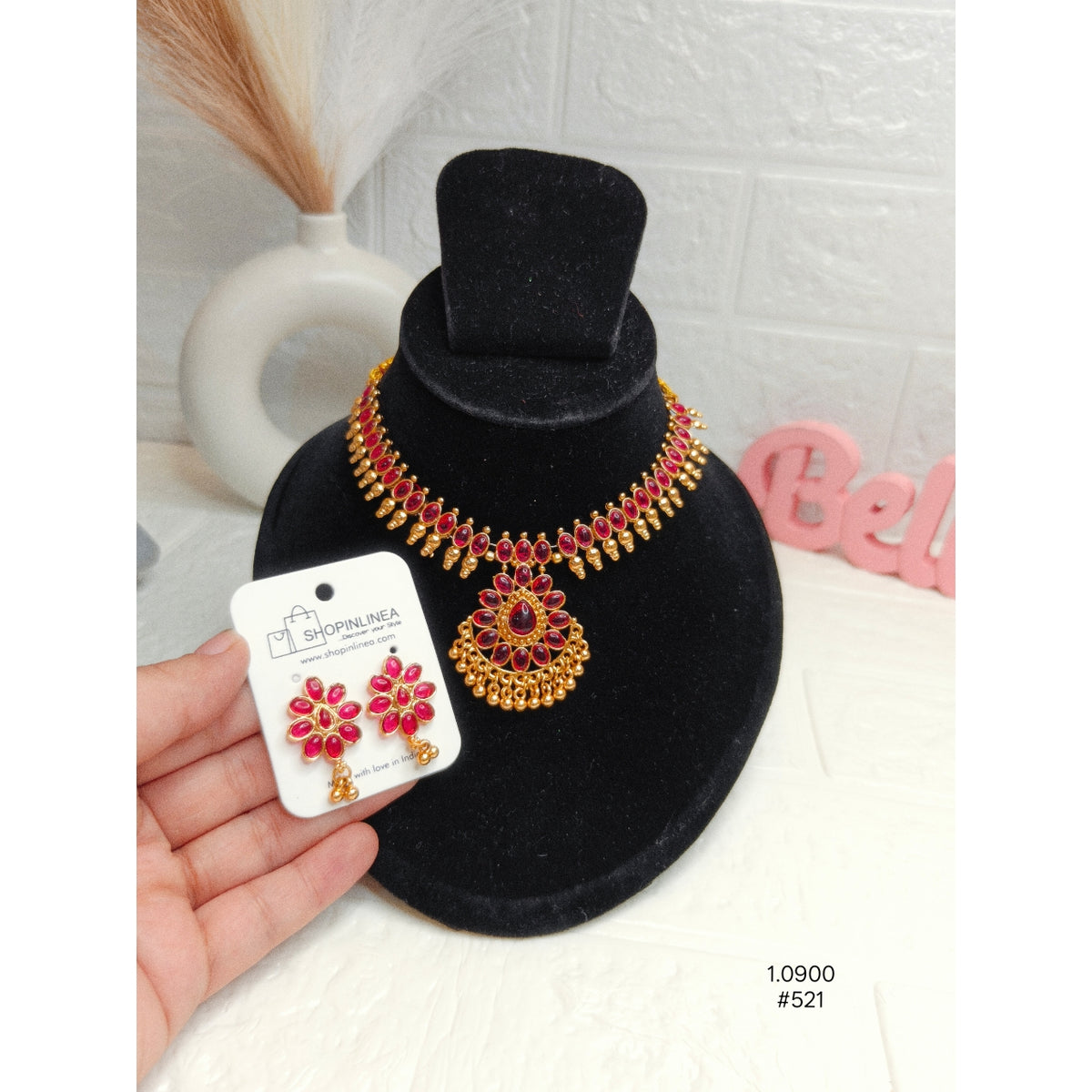 Festive Gold-Plated Ruby Kemp Necklace Set with Matching Earrings
