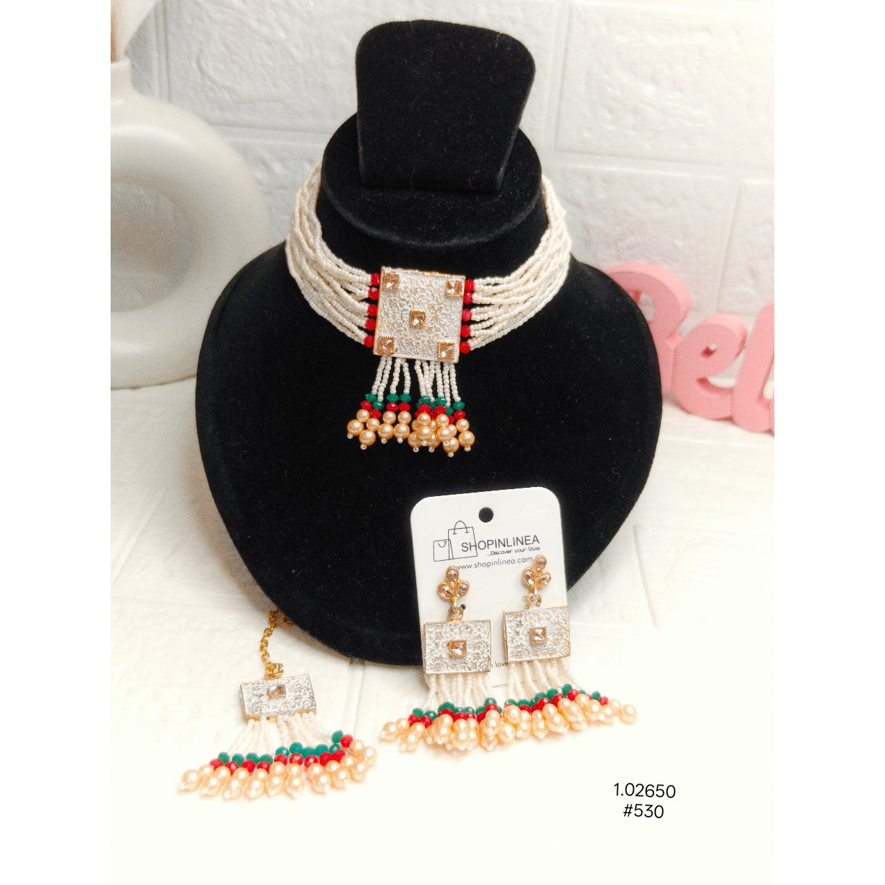 Fashion Pearl Layered Beaded Choker Necklace & Earrings Set