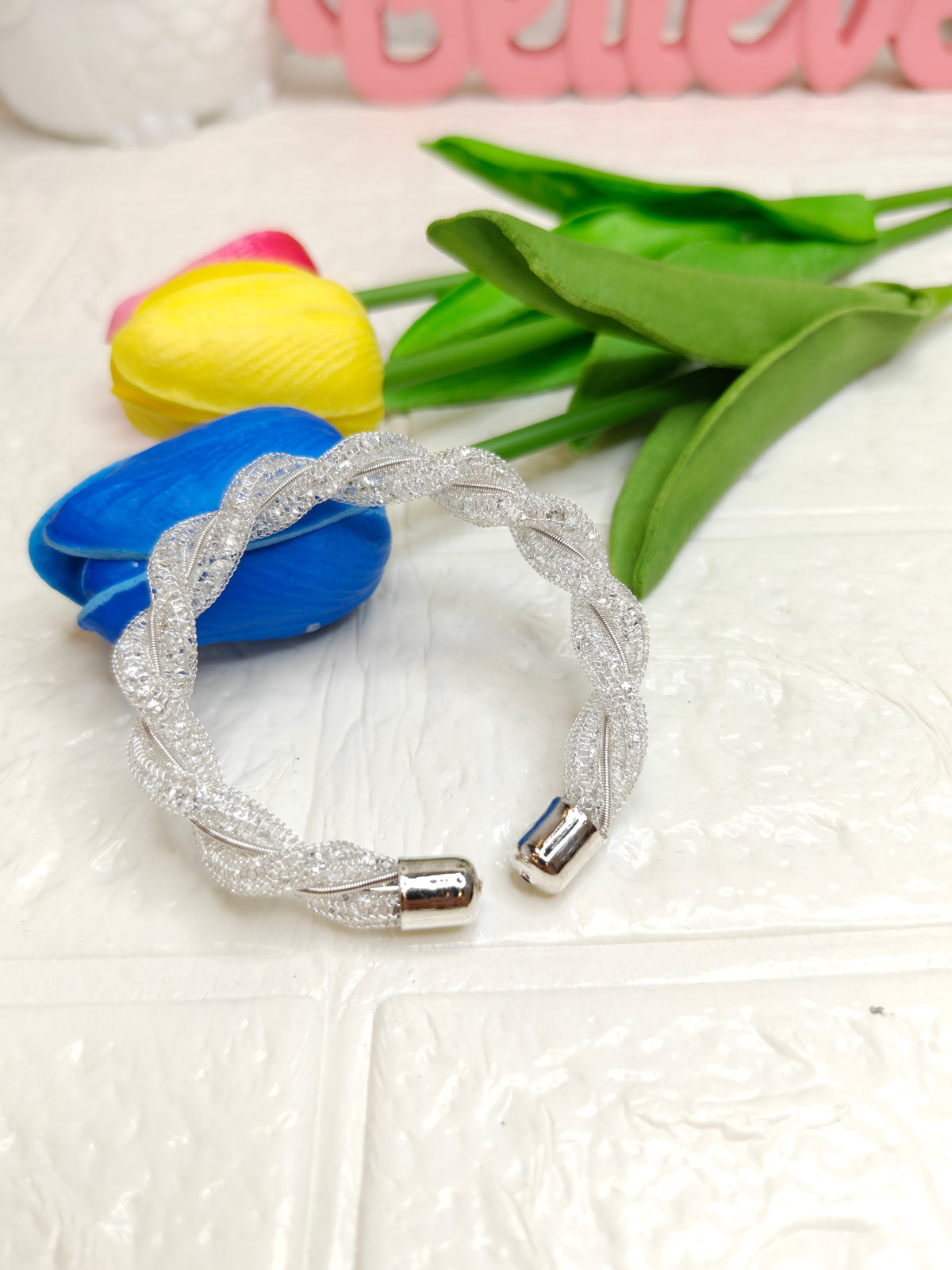 Silver-plated twisted mesh cuff bracelet