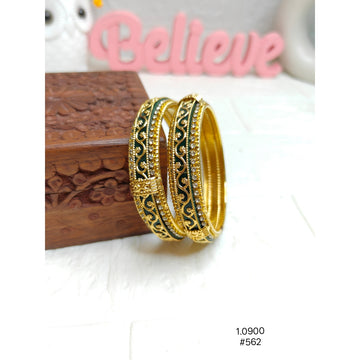 Ethnic Gold-Plated Brass Bangles with Green Enamel Work & White Stones
