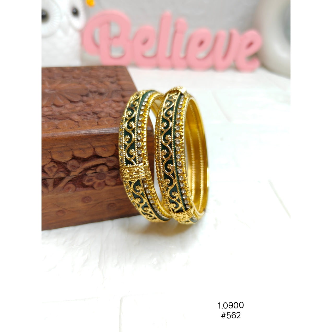 Ethnic Gold-Plated Brass Bangles with Green Enamel Work & White Stones