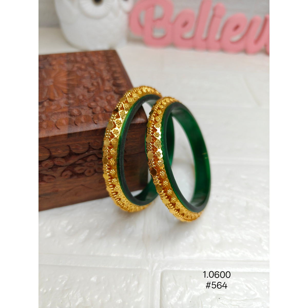 Green Bangles Featuring Gold-Plated Copper Design