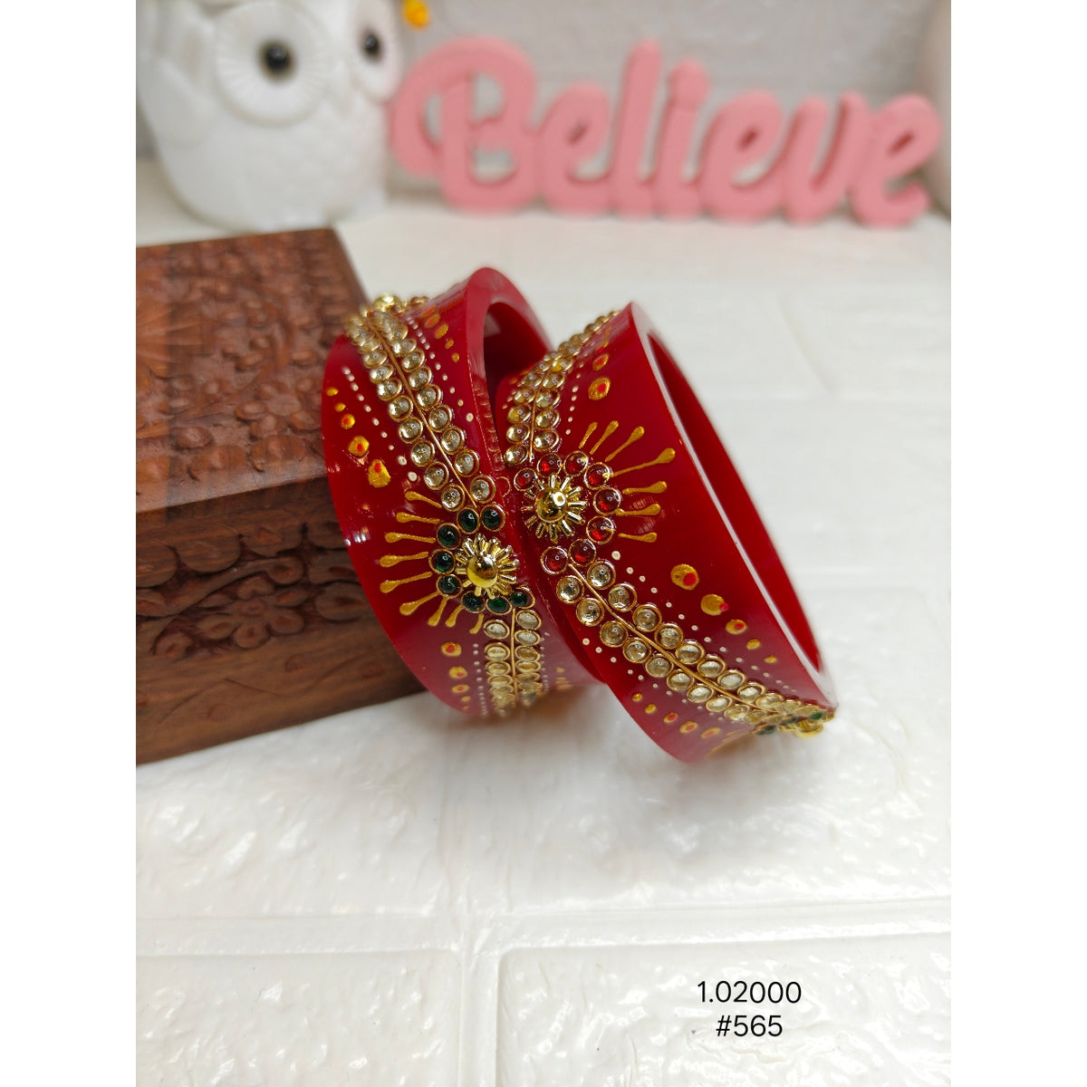 Ethnic Red Seep Plastic Wide Kada Bangles with Heavy Kundan Work