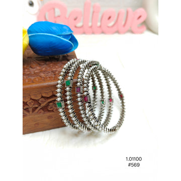 Classic Oxidized Silver-Plated Brass Bangles with Pearl & Color Stone Work
