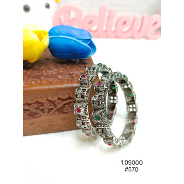 Ethnic Curved Silver Oxidized Rhodium Bangles with Red & Green Stones