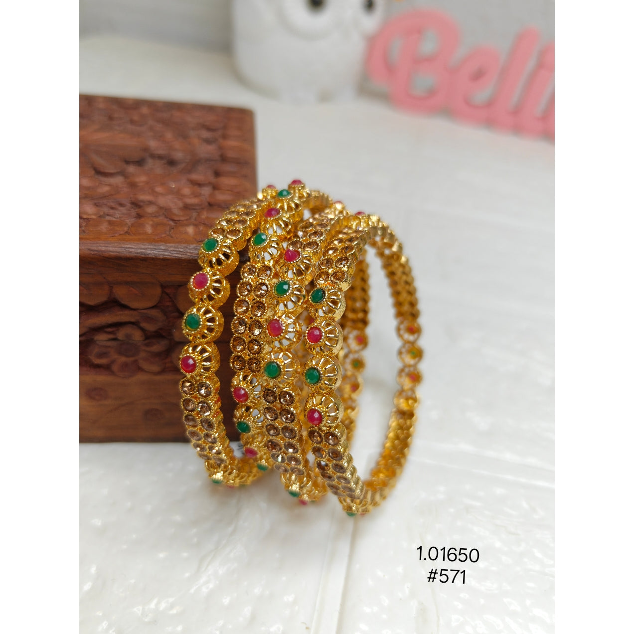 Premium Gold-Plated Bangle Set with Red and Green Stones