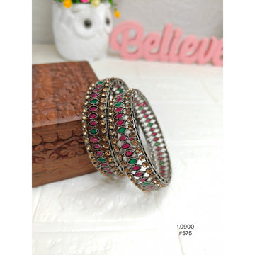 Classic Oxidized Silver Bangles with Multicolor Stone Studs