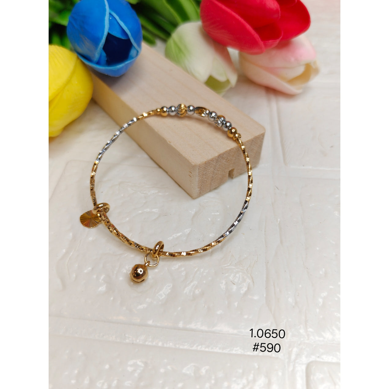 Dual Tone Beaded Bangle Bracelet with Bell Charm