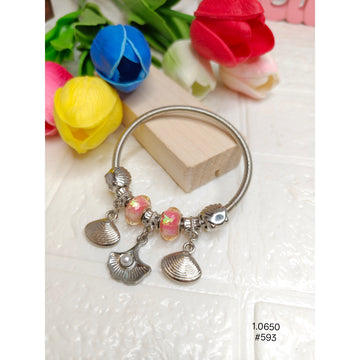 Beach Theme Steel Bracelet with Pink Beads & Silver Seashell Charms