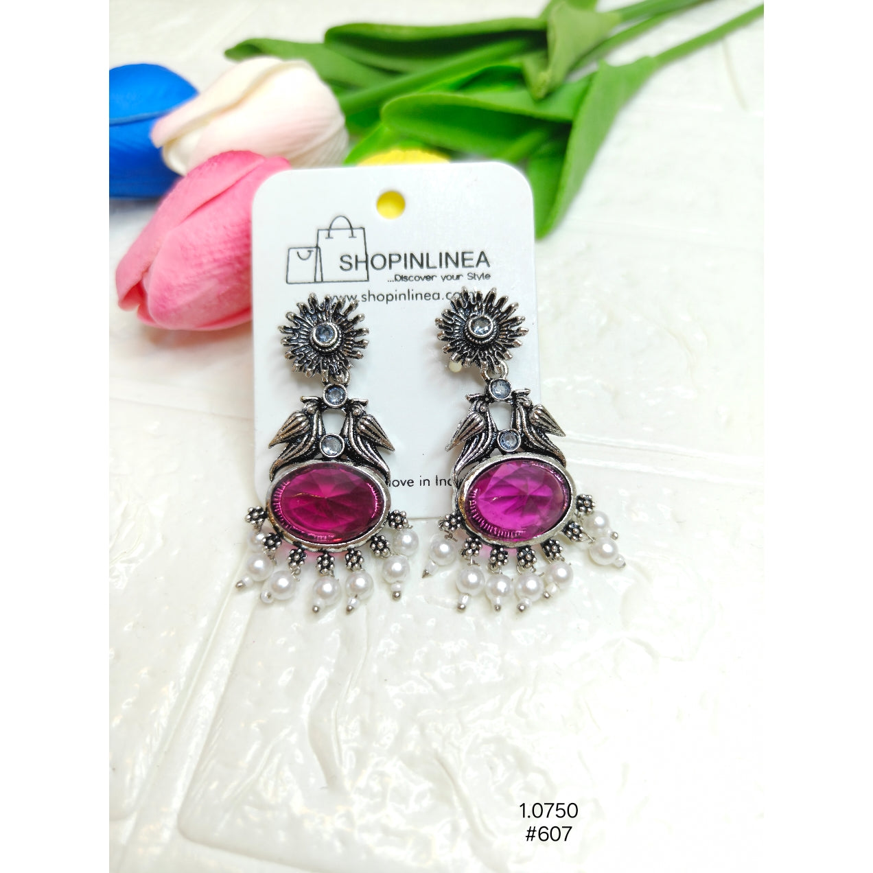Oxidised Silver Peacock Earrings Pink Stone & Pearl