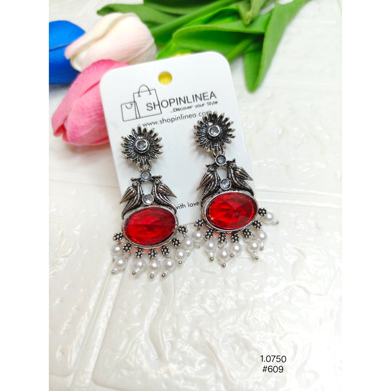 Red Stone & Pearl Drop Bird Earrings