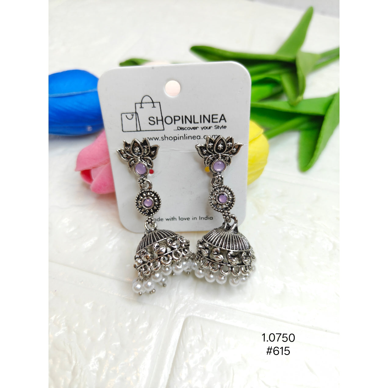 Vintage Style Oxidized Lotus Jhumka Earrings