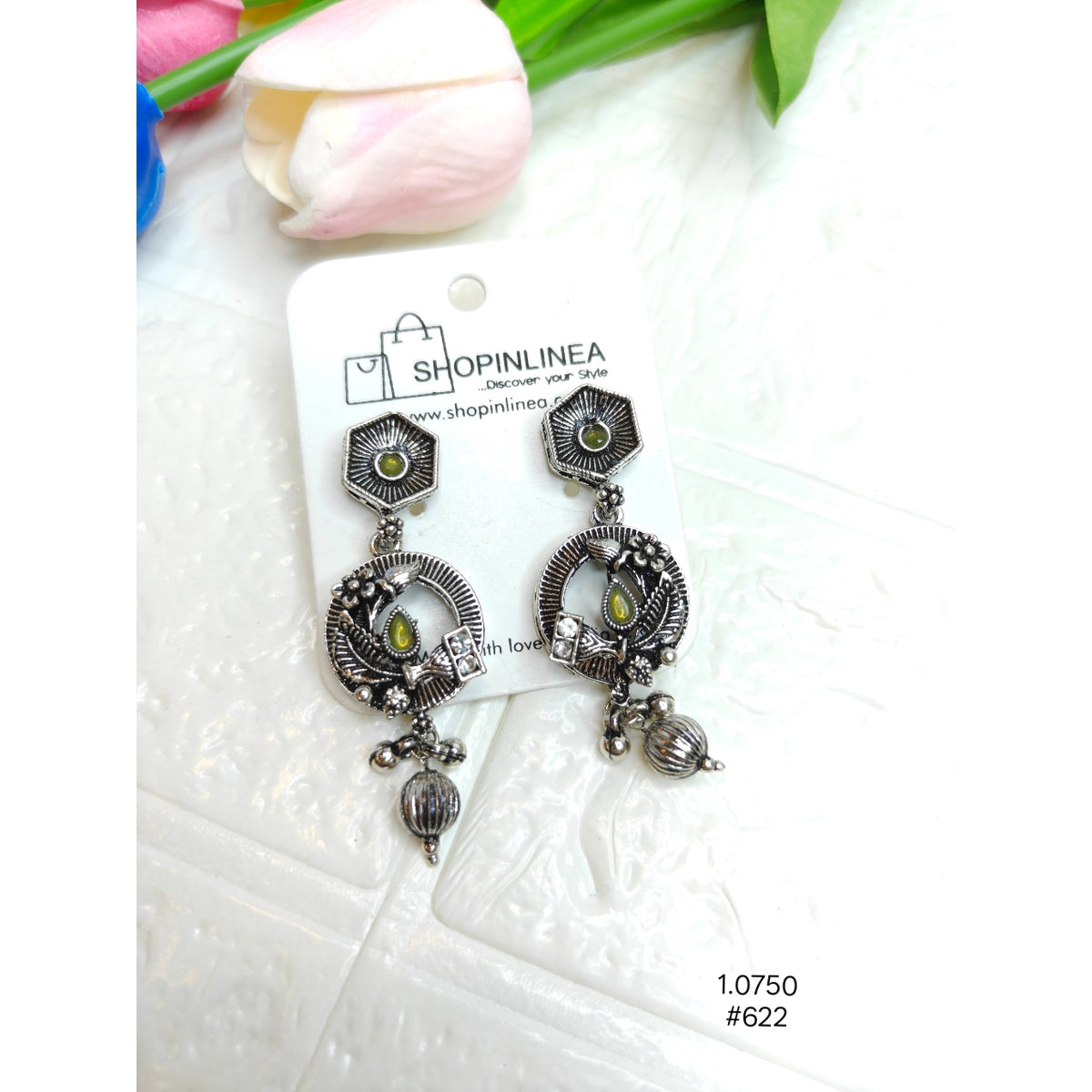 Trendy Oxidized Silver Danglers with Green Stones