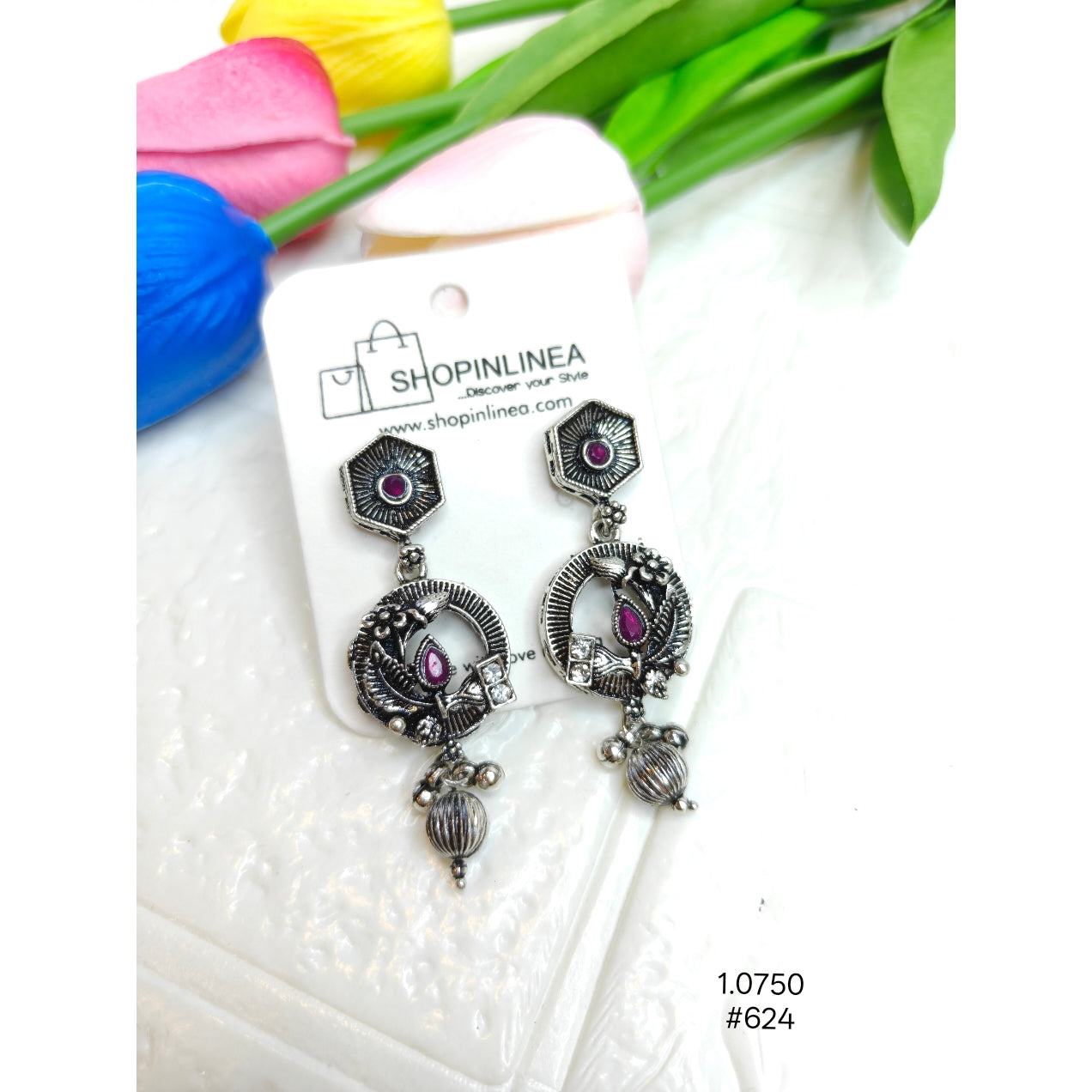 Ethnic Oxidized Silver Dangling Earrings with Pink Stones