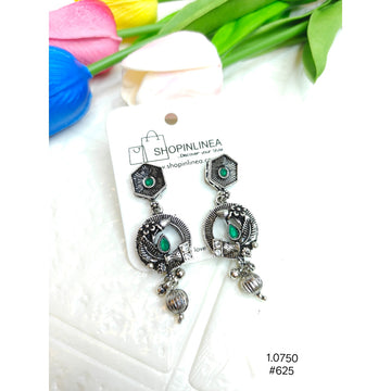 Stylish Oxidized Silver Danglers with Green Stone Studs