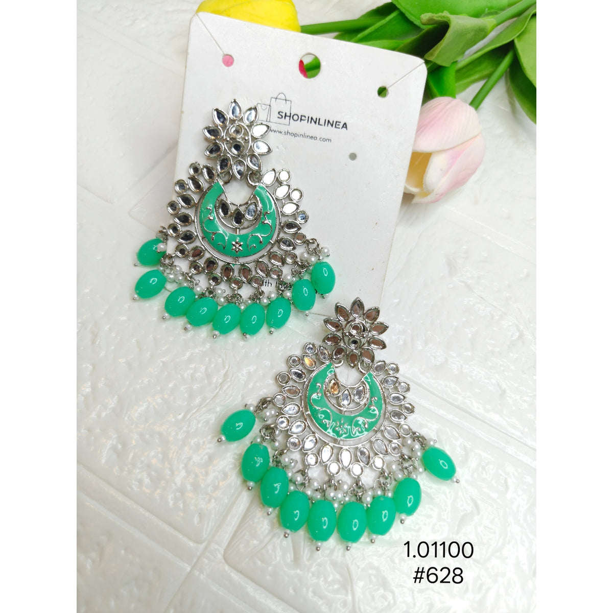 Ethnic Green Meenakari Kundan Earrings