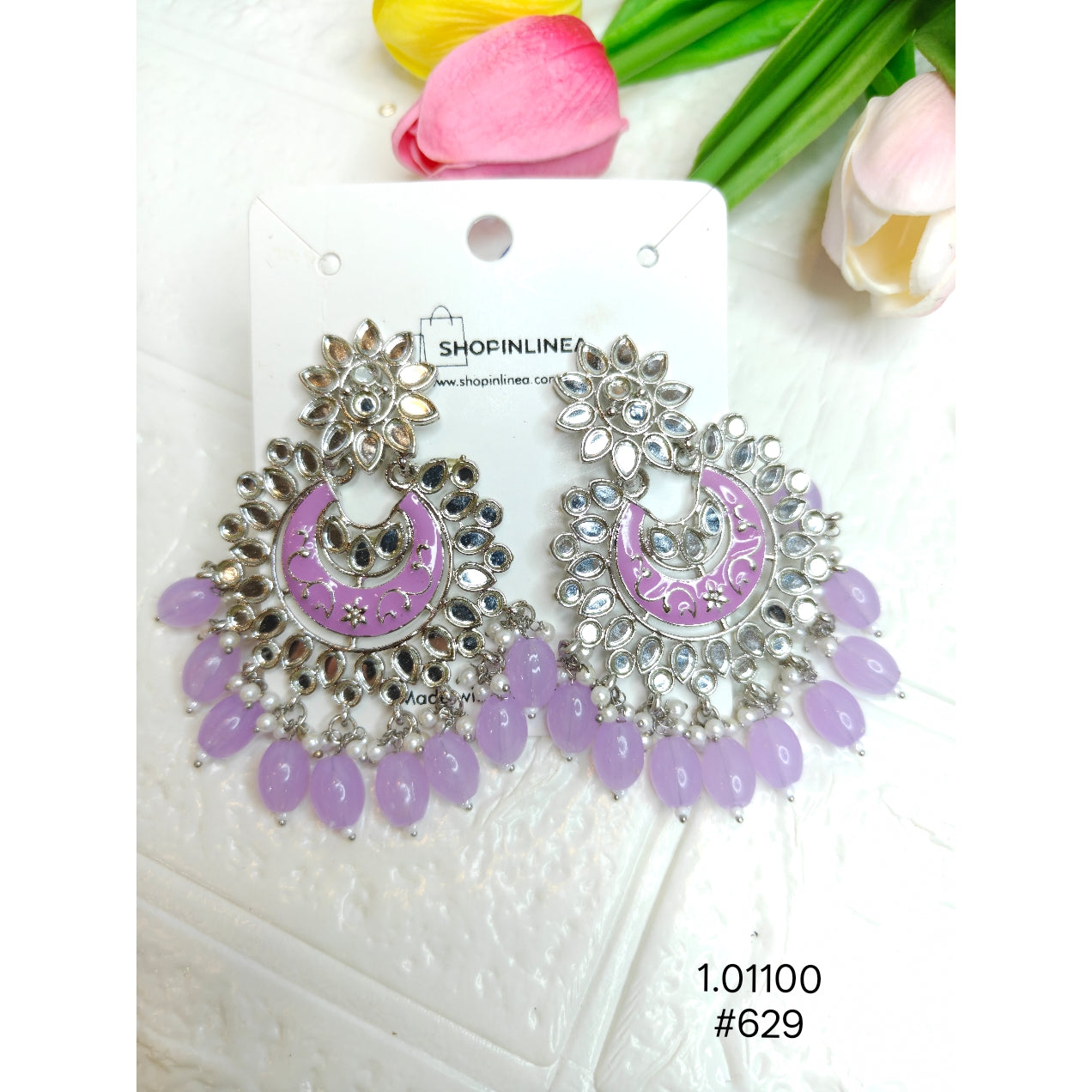 Purple Kundan Chandbali Earrings for Women