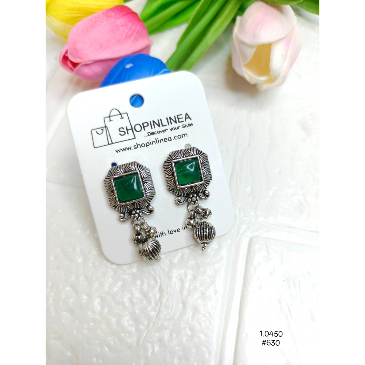 silver-plated, oxidized drop earrings