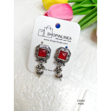 Red Stone Oxidized Silver Dangle Earrings