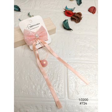 Elegant Pink Bow Hair Clip with Pearls & Long Ribbons