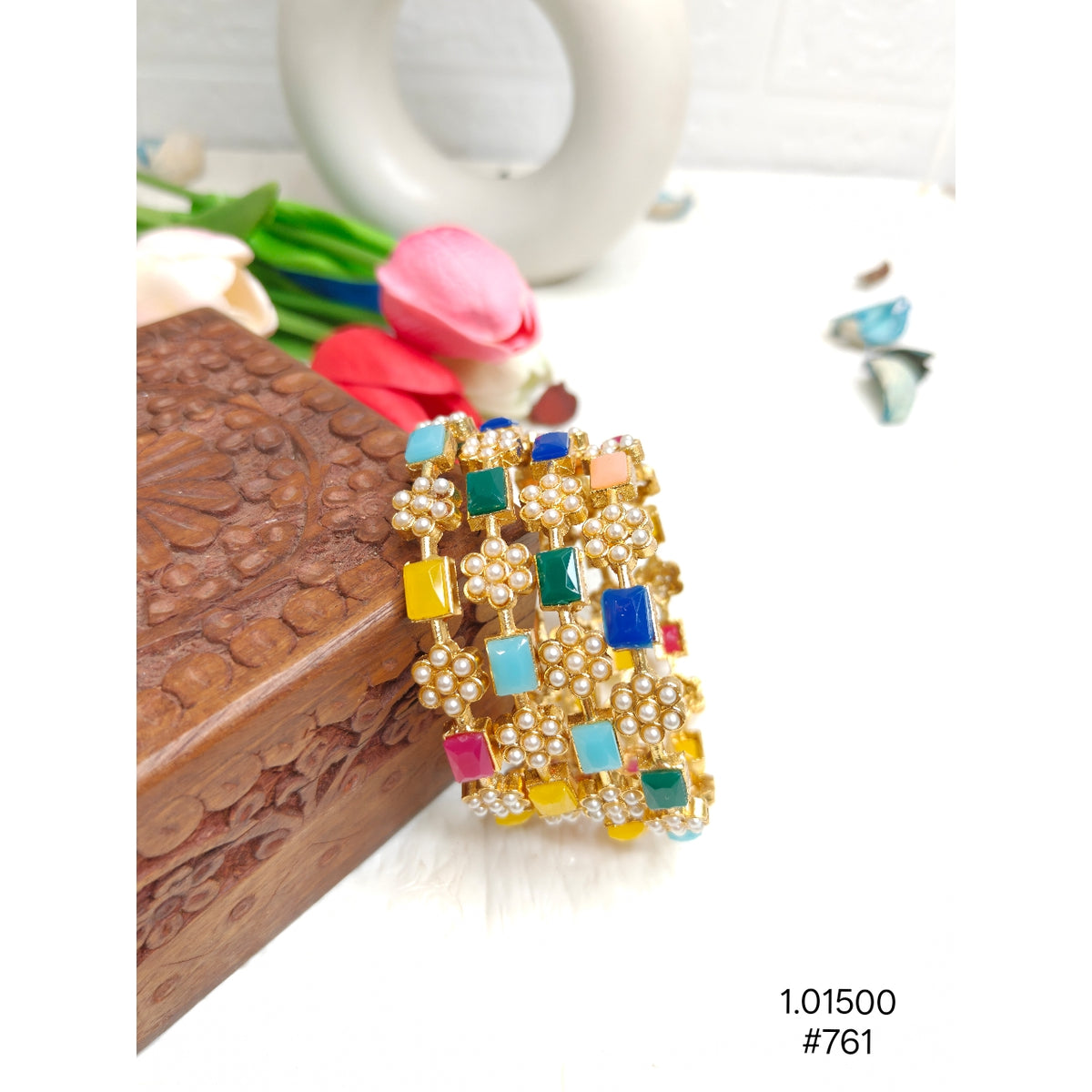Ethnic Gold-Plated Bangles with Pearls & Vibrant Rectangular Stone Studding