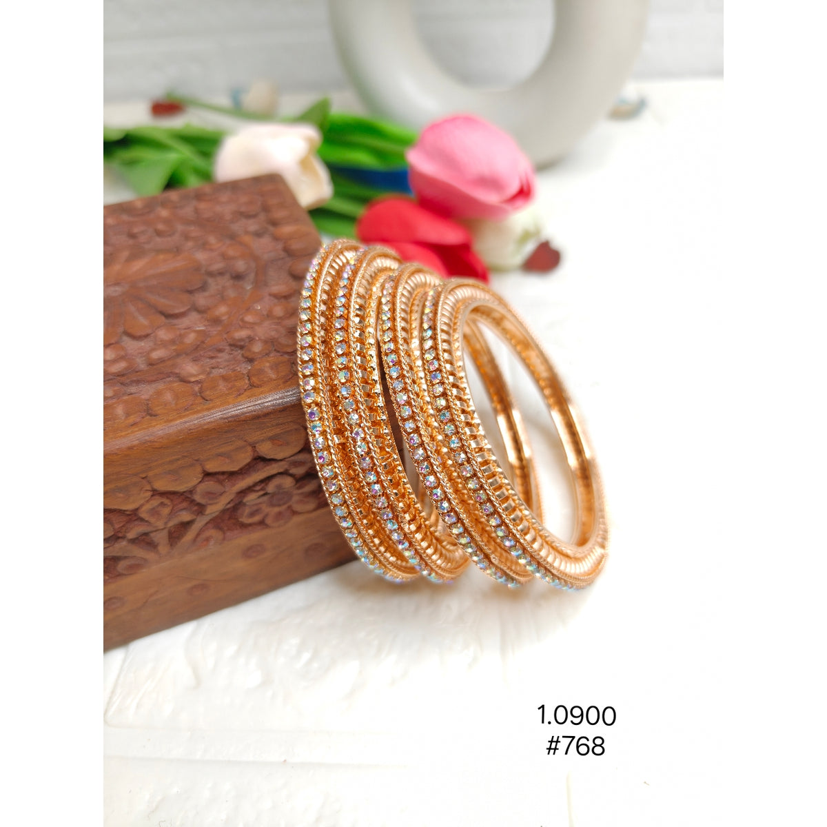 Stylish Rose Gold-Plated Bangles with Rainbow Stones