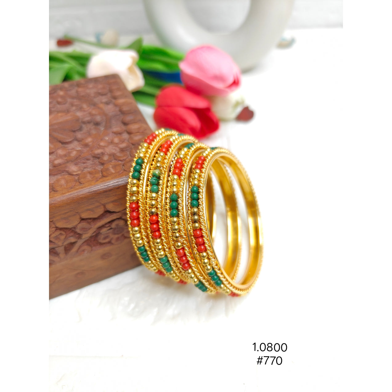 Classic Gold-Plated Bangle with Red Green Beaded Texture