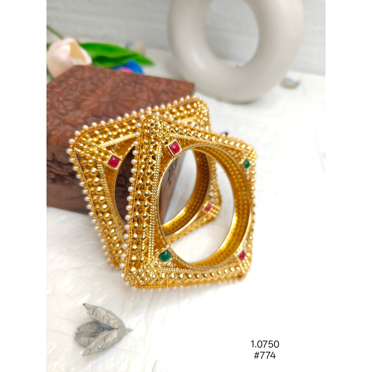 Classic Gold-Plated Square Bangles with Pearl & Stone Detailing