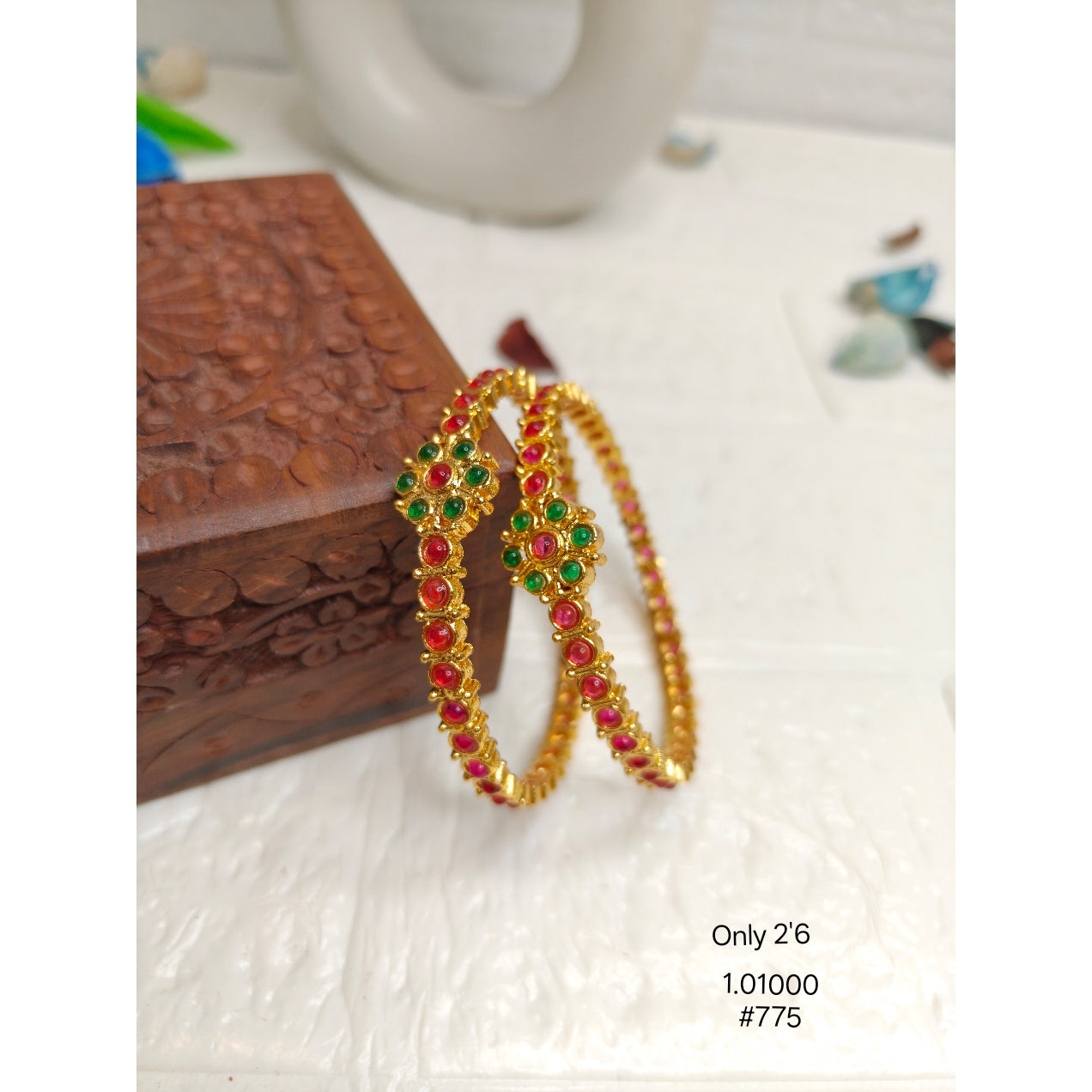 Ethnic Gold-Plated Bangles with Copper Base & Red Green Stones