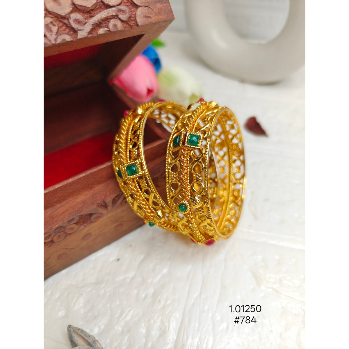 Ethnic Gold-Plated Bangle Set with Intricate Filigree & Green Stones