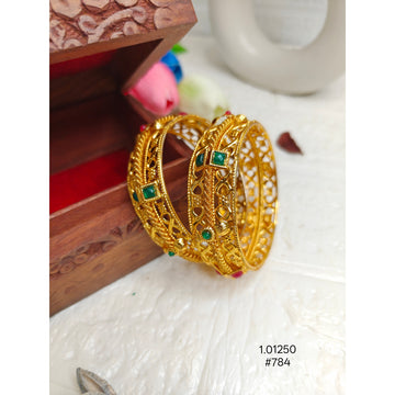 Ethnic Gold-Plated Bangle Set with Intricate Filigree & Green Stones