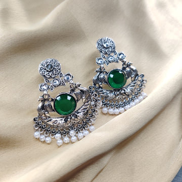Oxidised Earrings with Green Stone