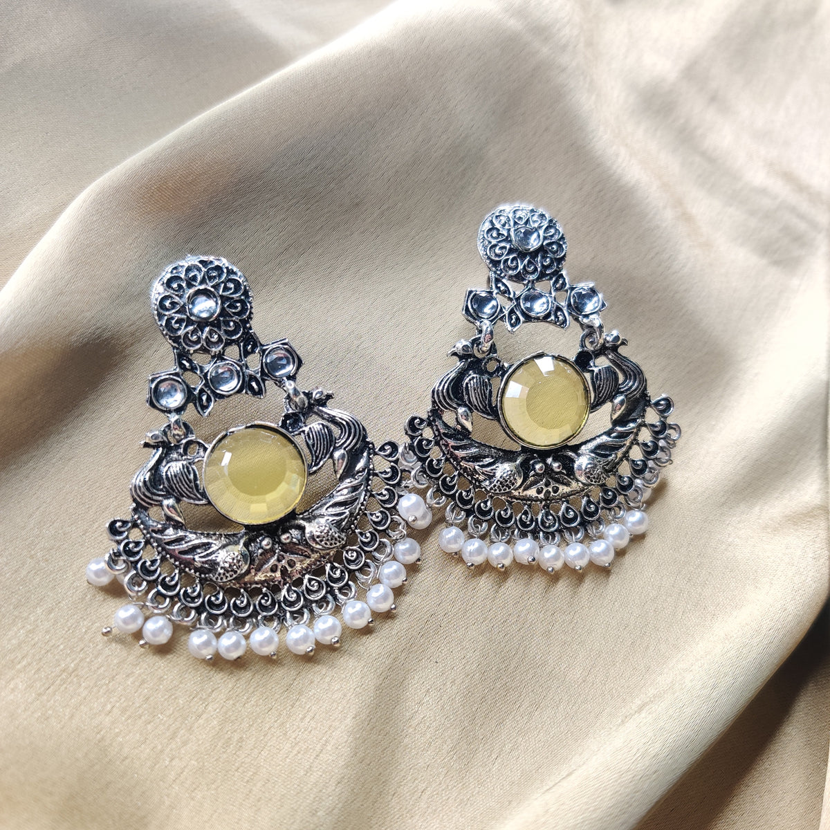 Oxidised Earrings with Yellow Stone