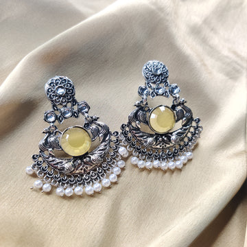 Oxidised Earrings with Yellow Stone