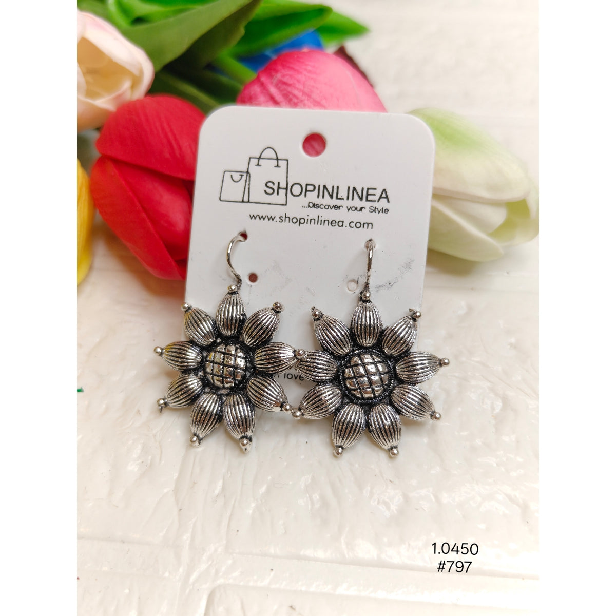 Floral Sunflower Oxidized Silver Hook Earrings